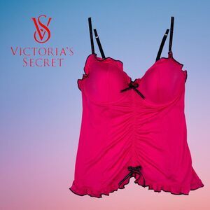 Victoria's Secret Very Sexy 36C Hot Pink‎ Bustier Corset Black Bows Coquette Y2K